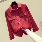 韩国红色衬衫女长袖2020年秋装，宽松设计感小众衬衣雪纺上衣潮