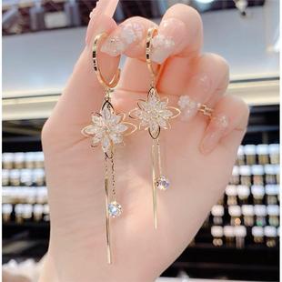 正品9999纯银潮2025年气质锆石花朵长款流苏耳环女显脸瘦耳坠女