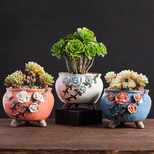 韩式立体手工捏花陶瓷多肉植物大花盆手绘陶瓷