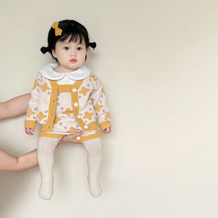 ins韩版春秋款婴幼儿花朵，提花针织毛衣外套，+背带连体哈衣2件套装