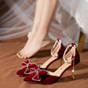 婚鞋新娘鞋女2024年秀禾婚纱，两穿公主酒红色，高跟鞋不累脚单鞋