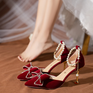 婚鞋新娘鞋女2024年秀禾婚纱两穿公主，酒红色高跟鞋不累脚单鞋