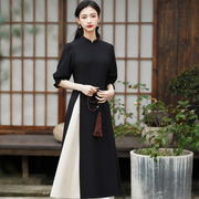 离思 夏季季新中式文艺复古黑色连衣裙改良日常法式优雅旗袍茶服