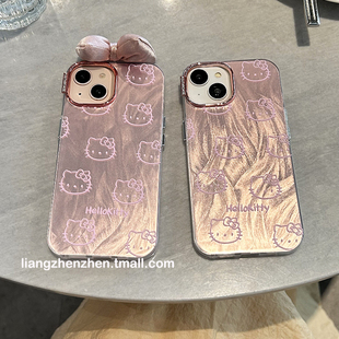 粉色羽纱hellokitty蝴蝶结适用苹果15promax手机壳，iphone14女款15pro13可爱高级女生12软边硬壳pro防摔11