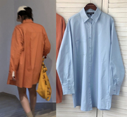 韩版微胖女孩宽松纯色厚款斜纹棉中长款长袖女衬衫OP衬衣外套