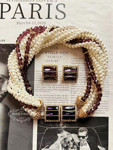 欧美宫廷风中古vintage复古紫色水晶宝石耳环珍珠缠绕多层项链女