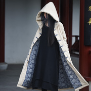 中国风棉衣女2023冬季长款棉麻夹棉带帽长袍加厚保暖复古斗篷外套