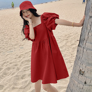 红色连衣裙夏装孕妇方领泡泡，袖中长款小个子，宽松孕妇装不显怀遮肚