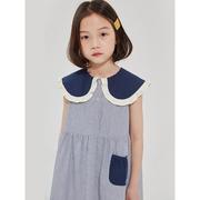 女童连裙夏装223儿童蓝色纹纯棉，1822竖条衣，甜美花边领条洋0气