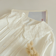 木夏~2022春装日系甜美刺绣，娃娃领风琴褶，白色纯棉长袖衬衫女