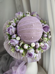 淡紫色玫瑰春夏麻纱新娘伴娘，礼服配饰帽遮阳拍照度假旅游礼物