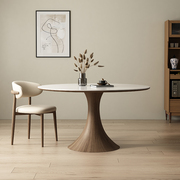 德利丰实木岩板餐桌，家用小户型简约纯白餐厅圆形饭桌复古圆桌