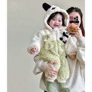 婴儿熊猫毛毛夹棉加厚连帽连体衣冬装男女宝宝加绒保暖爬服外出服