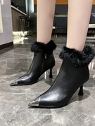 金属尖头短靴女2023秋冬毛毛鞋细跟高跟鞋气质，法式显瘦小踝靴