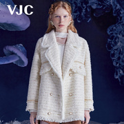 VJC/威杰思秋冬女装米白小香风羊羔毛刺绣保暖短款加厚大衣
