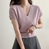 韩国chic夏季减龄复古小众设计感气质交叉领T恤女上衣短袖针织衫