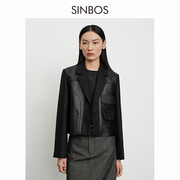 SINBOS真皮皮衣女短款夹克2023秋季绵羊皮拼接设计小西装外套