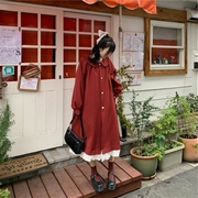 秋冬韩版宽松娃娃领蕾丝接拼小个子学生风衣中长外套开衫上衣