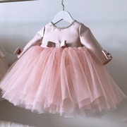 女童周岁礼服粉色蕾丝公主裙长袖小宝宝生日钢琴蝴蝶结儿童蓬蓬纱