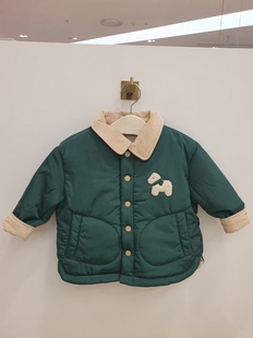 韩国洋气童装冬男女童宝，洋气墨绿色翻领，韩版棉衣棉服外套