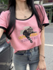 大码甜系小奶喵短袖T恤女夏短款修身撞色猫咪印花上衣