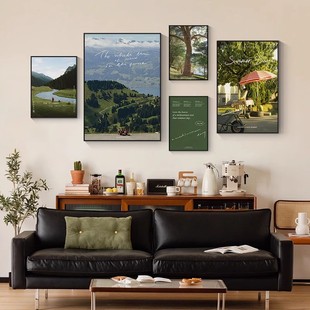 中古风客厅装饰画摄影风景小众组合壁画绿色复古风沙发背景墙挂画