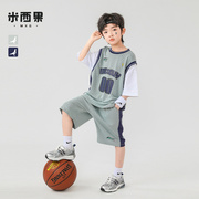 米西果男童短袖套装儿童夏装2024假两件运动篮球服中大童童装