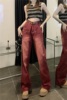 高腰复古酒红色拖地牛仔裤女2022设计感显瘦直筒裤欧美风长裤