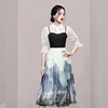新中式水墨国风汉服元素上衣，春夏款女装，小个子印花半身长裙两件套
