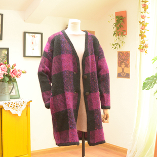 日系原单vintage欧美范潮款格子，个性洋气百搭马海毛，长款毛衣外套