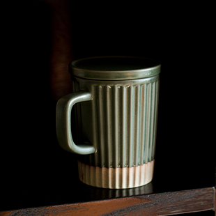 日系复古粗陶马克杯带盖办公室水杯泡茶杯咖啡杯盖杯家用陶瓷杯子
