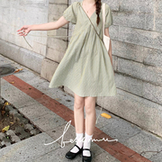 BM7.12黄绿果酱 夏季条纹V领显瘦系带连衣裙可爱短裙