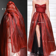红色水晶人鱼姬压褶百褶纱布 创意婚纱礼服裙手工服装设计师面料