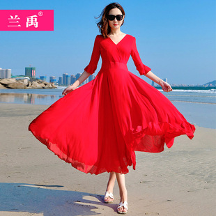 三亚红色沙滩裙短袖，长款连衣裙波西米亚长裙，巴厘岛海边度假裙子女