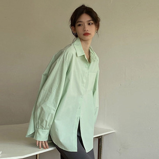 薄荷绿衬衫慵懒设计感高级洋气宽松中长款polo翻领别致淡绿色衬衣