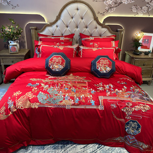 婚庆大红喜庆新中式100支全棉四件套古典百子图刺绣被套床上用品