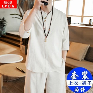 中国风两件套夏季短袖套装男宽松棉麻古装茶汉服僧服衣服禅服唐装