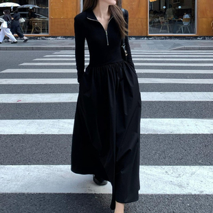法式假两件黑色长袖连衣裙女秋季2023赫本风休闲卫衣拼接长裙