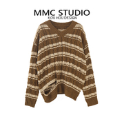 MMC 韩版复古撞色条纹宽松慵懒风小众个性破洞针织衫毛衣外套上衣