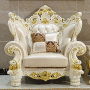 欧式真皮沙发组合头层牛皮，奢华别墅客厅实木，雕刻家具象牙白金箔