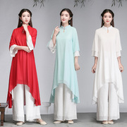 汉服女民族风雪纺中袖立领，假两件连衣裙大码女装，中国风新中式