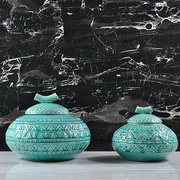 现代地中海轻奢风深绿色陶瓷做旧格纹装饰储物罐欧式家居装饰品摆