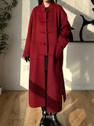 新年装新中式中国风红色立领盘扣双面羊毛大衣长款时尚毛呢外套女
