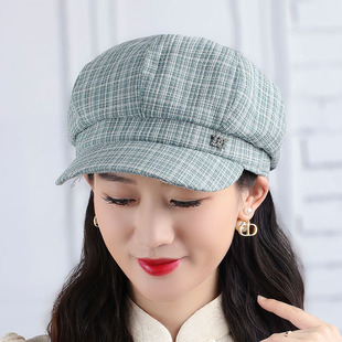 韩版春季女帽贝雷帽小香风时装复古八角帽格子单帽鸭舌帽帽子