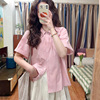 夏季短袖纯色日系复古单排扣设计感小众粉色衬衫，女休闲翻领上衣