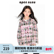 opennunu女童美式印花长袖衬衫春秋儿童格子衬衣微磨毛外套