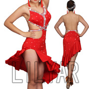 拉丁舞比赛服演出服表演服连衣裙红色镂空闪钻百褶裙裹臀