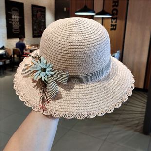 花朵草帽女夏季沙滩帽韩版可折叠出游海边防晒遮阳帽，小清新太阳帽