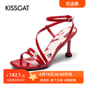 KISSCAT/接吻猫夏季牛皮时尚方头仙女风高跟时装凉鞋女KA21314-12