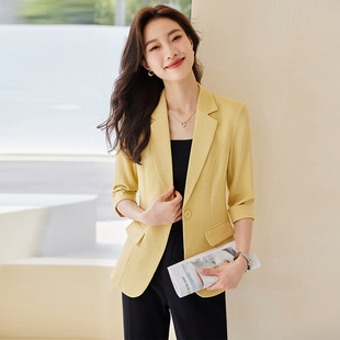 黄色西装外套女七分袖，2024春夏季韩版小个子薄款休闲西服上衣